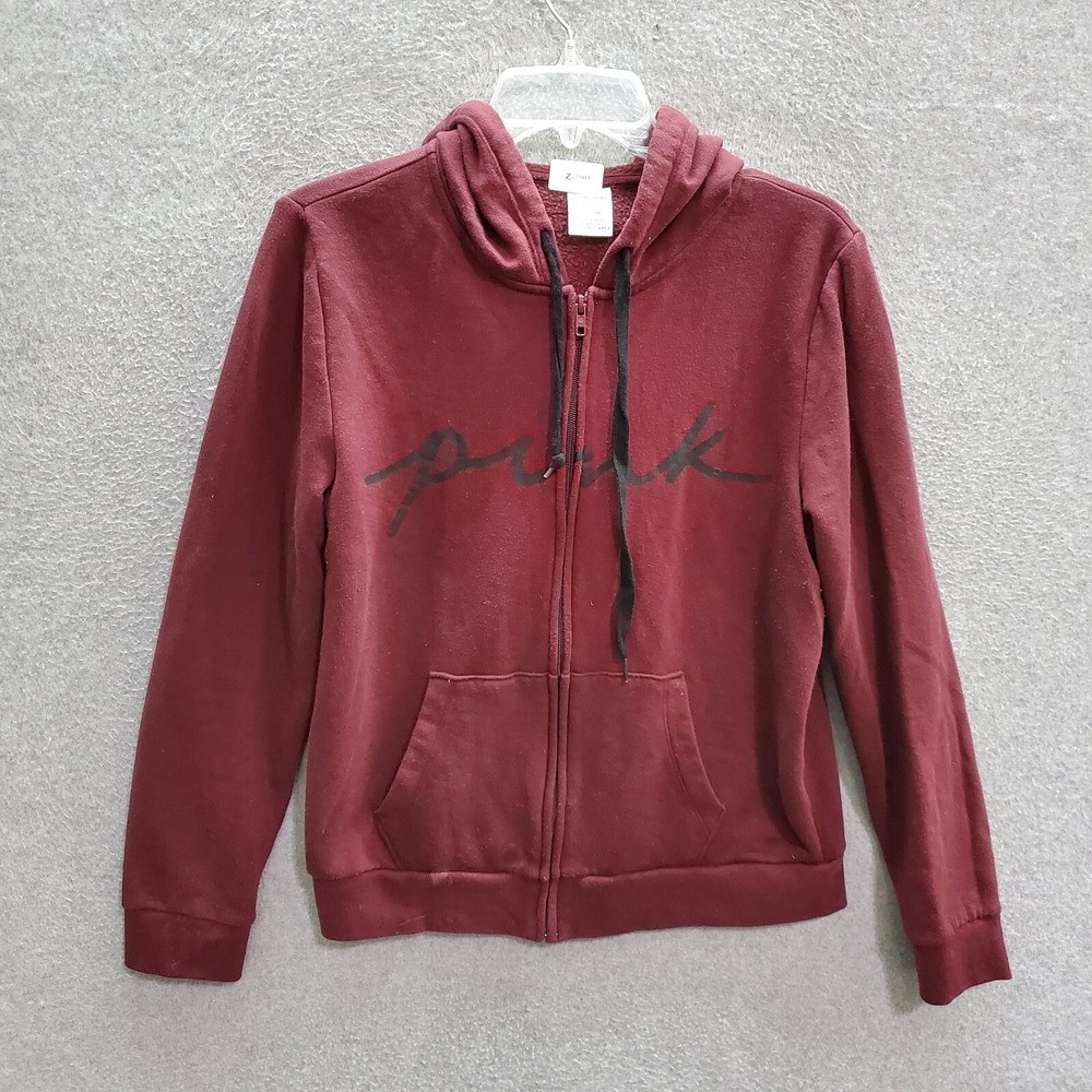 PINK Women Sweater Medium Maroon Hoodie Full Zip Spellout Graphic